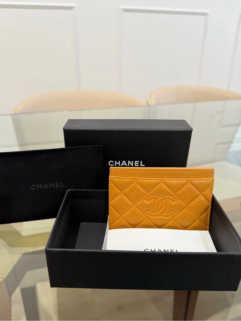 CHANEL Quilted Caviar Leather Card Holder in Mustard